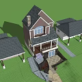 Two Story Detached House With Brown Roof Porch And Green Lawn Under Blue Sky