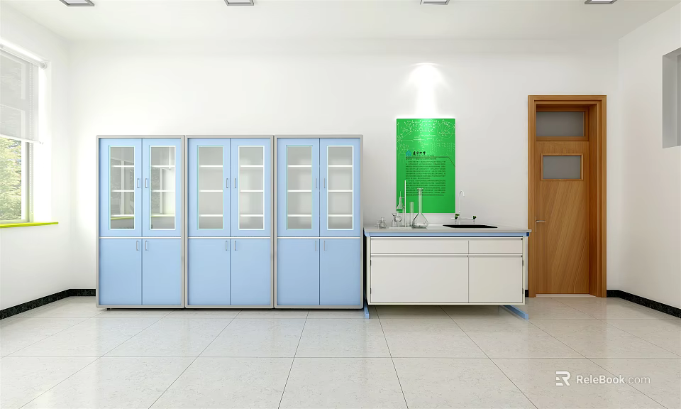 Laboratory Interior With Blue Glass Door Cabinets White Workbench And Green Wall Board 3d model 