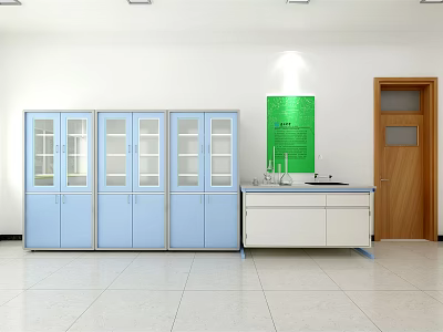 Laboratory Interior With Blue Glass Door Cabinets White Workbench And Green Wall Board 3d model