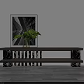 Modern TV Stand With Marble Accents Green Plant And Black White Abstract Painting