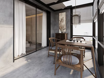Modern Villa Balcony Design Featuring Glass Sliding Doors White Curtains And Wooden Table Chairs 3d model