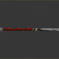 Decorative Battle Axe Weapon With Red Handle White Decorations And Intricate Carved Metal Head