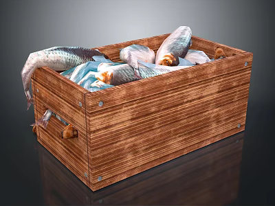 Wooden Crate With Striped Texture Filled With Fresh Fish Inside 3d model