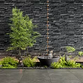 Tranquil Indoor Landscape With Black Stone Wall Bamboo Plant Flowing Water Feature And Stone Lantern