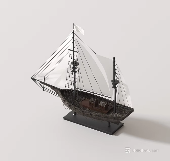 Sailboat Model Decorative Ornament Set With White Sails Wooden Hull And Black Base Stand 3d model 