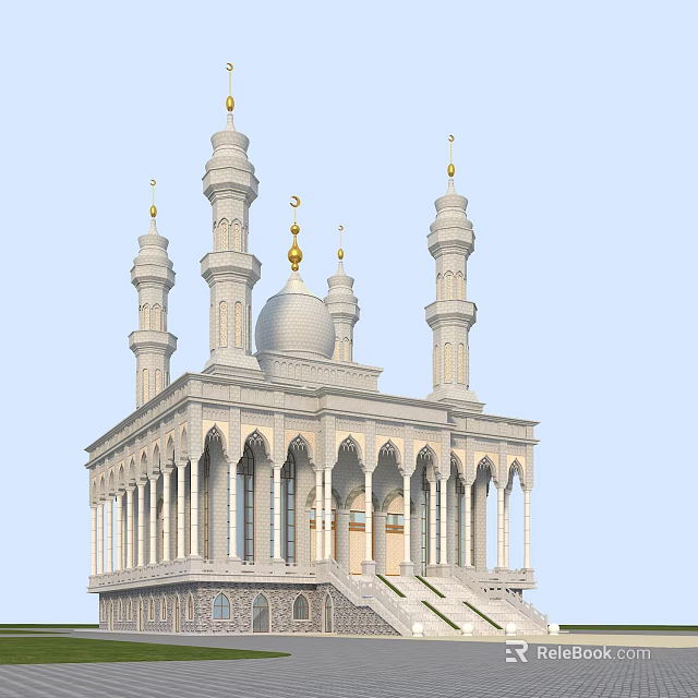Islamic Religious Mosque Architecture Featuring Domes Minarets Arches And Crescent Moon Design 3d model 