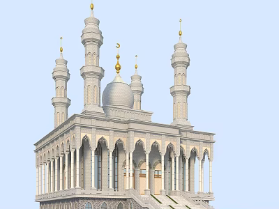 Islamic Religious Mosque Architecture Featuring Domes Minarets Arches And Crescent Moon Design 3d model