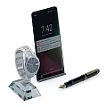Modern Daily Living Essentials With Watch Smartphone Pen And Transparent Stand