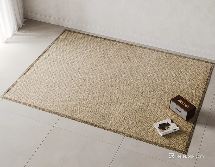 Square Beige Woven Rug on Light Tiles with White Wall and Box Magazine on Top 3d model 