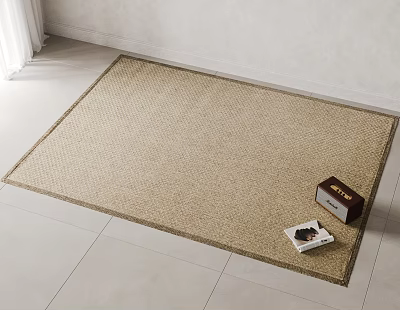 Square Beige Woven Rug on Light Tiles with White Wall and Box Magazine on Top 3d model
