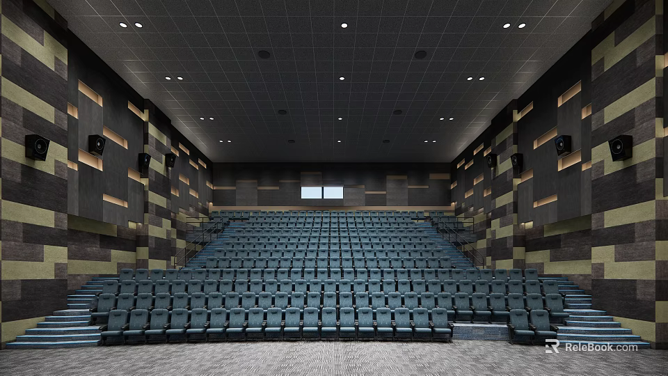 Modern Cinema Theater Interior With Rows Of Comfortable Seats And Design Features 3d model 