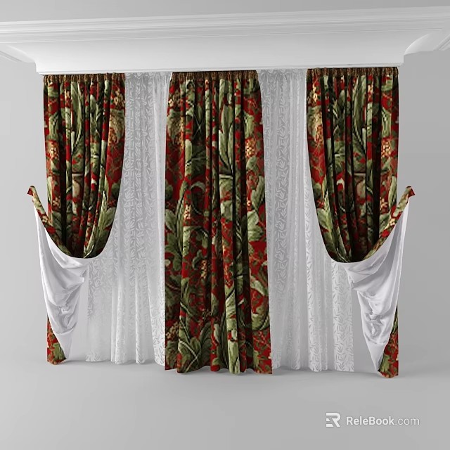 Decorative Floral Pattern Curtains With Red Green Design And White Lace Accents 3d model 