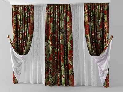 Decorative Floral Pattern Curtains With Red Green Design And White Lace Accents 3d model