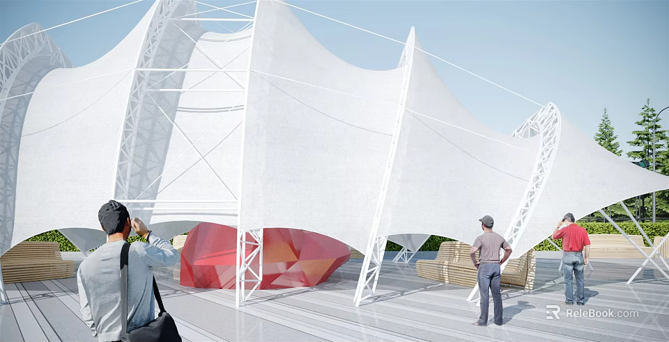 Tensile Membrane Architectural Structure With White Fabric And Steel Frame Design 3d model 
