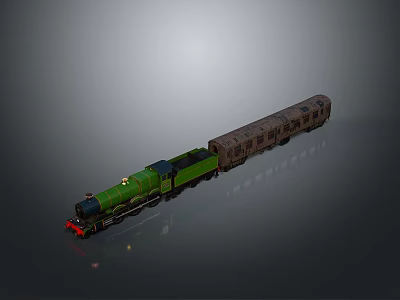 Green Steam Powered Train With Brown Carriages On Gray Backdrop 3d model