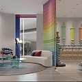 Vibrant Striped Column In Modern Interior Design With Sofa Stools And Wooden Flooring