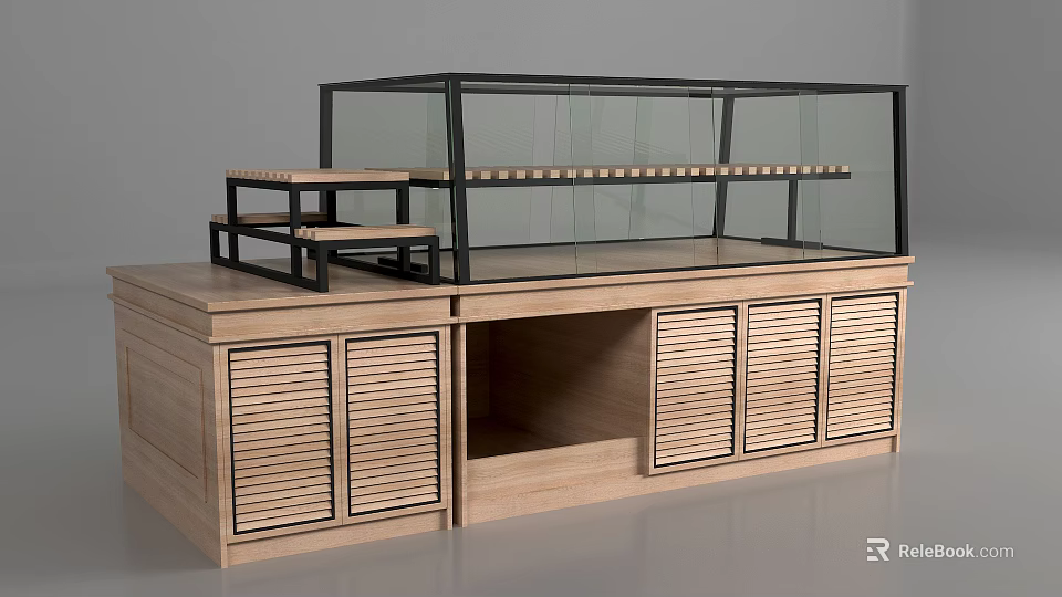 Wooden Display Showcase With Glass Cover Layered Shelves And Cabinet Doors 3d model 