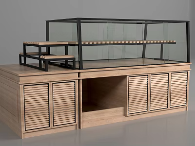 Wooden Display Showcase With Glass Cover Layered Shelves And Cabinet Doors 3d model