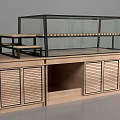 Wooden Display Showcase With Glass Cover Layered Shelves And Cabinet Doors