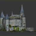 Medieval Stone Castle Architecture With Multiple Pointed Roof Towers And Green Lawn