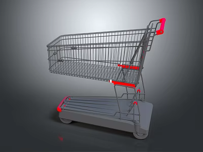 Metal Shopping Cart With Red Handle And Wheel Base Structure Design 3d model