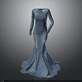 Blue Mermaid Style Long Sleeve Dress With Shimmering Fabric And Elegant Floor Length Design