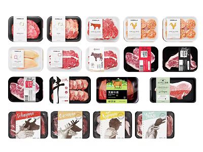 Assorted Packaged Meat Cuts with Various Labels Including Beef Chicken and Pork Products 3d model