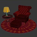Red Tufted Armchair And Ottoman With Small Table Lamp On Round Rug With Orange Patterns