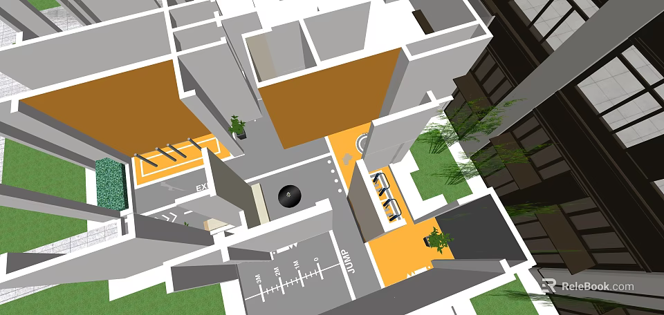 Garden Landscape Design Between Buildings With Green Lawn Areas And Paved Paths 3d model 