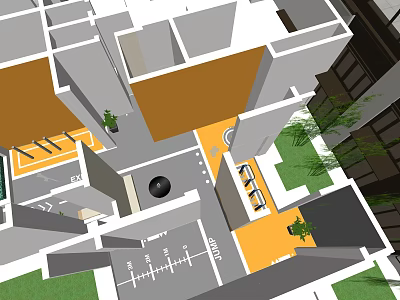 Garden Landscape Design Between Buildings With Green Lawn Areas And Paved Paths 3d model