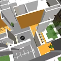 Garden Landscape Design Between Buildings With Green Lawn Areas And Paved Paths