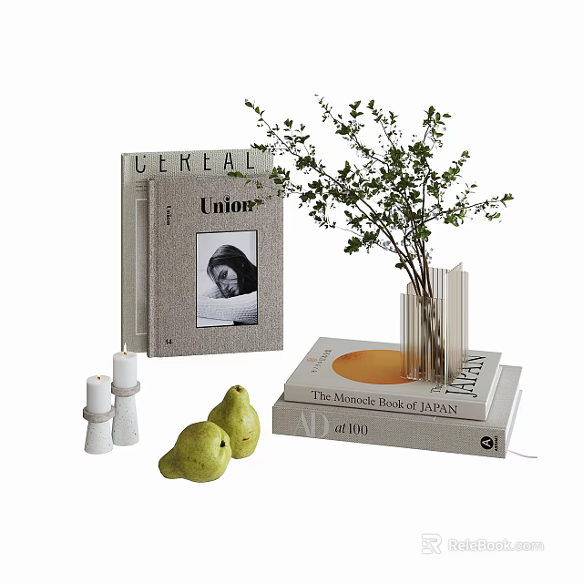 Stylish Decorative Ornament Arrangement with Books Vase Green Branches White Candles and Green Pears 3d model 