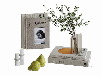 Stylish Decorative Ornament Arrangement with Books Vase Green Branches White Candles and Green Pears 3d model