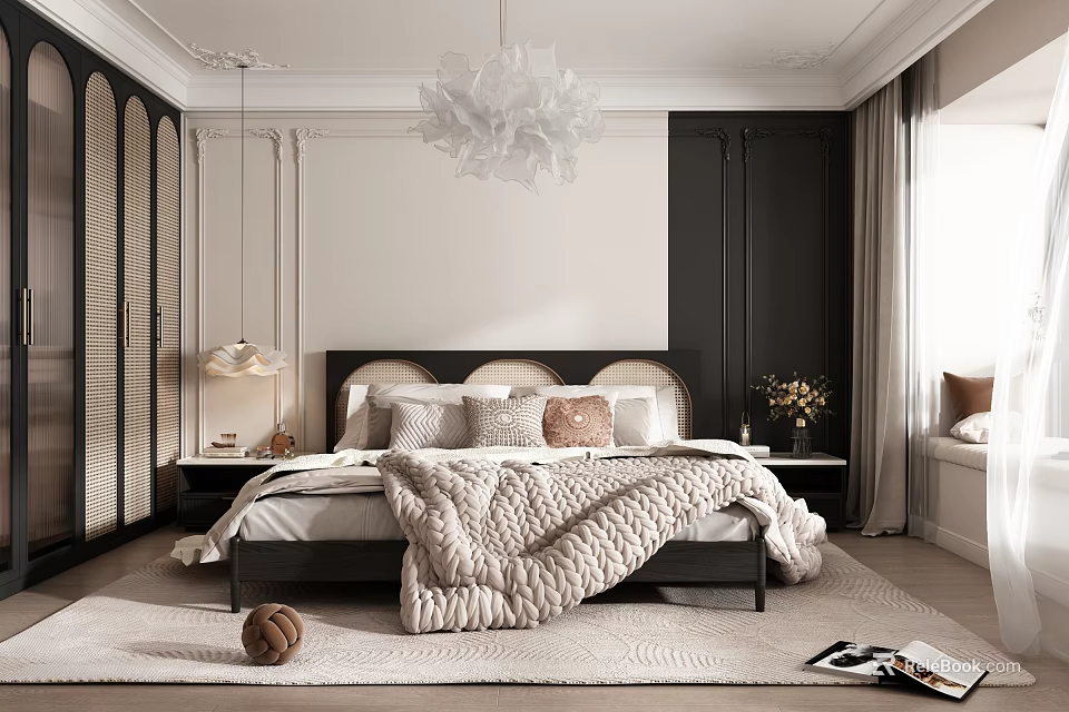 Modern Bedroom Interior With Upholstered Headboard Cozy Blanket Pillows Chandelier And Curtains 3d model 