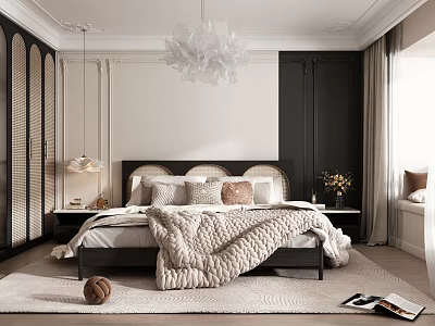 Modern Bedroom Interior With Upholstered Headboard Cozy Blanket Pillows Chandelier And Curtains 3d model