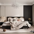 Modern Bedroom Interior With Upholstered Headboard Cozy Blanket Pillows Chandelier And Curtains