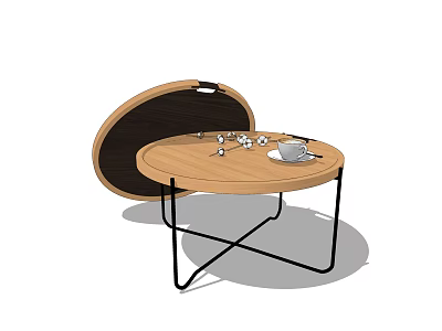 Modern Round Coffee Table With Wooden Top And Black Metal Legs Featuring Tea Set 3d model