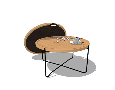 Modern Round Coffee Table With Wooden Top And Black Metal Legs Featuring Tea Set 3d model