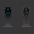 Upright Digital Information Kiosks With Blue Glowing Borders And Screens Displaying Blue Interfaces And Icons