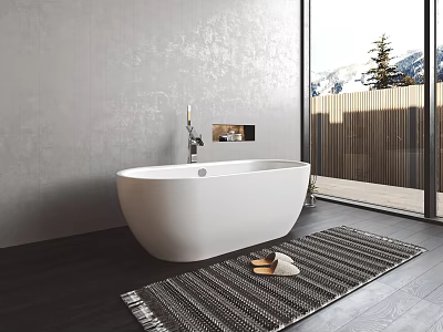 White Freestanding Bathtub in Modern Bathroom with Striped Rug and Mountain View Window 3d model