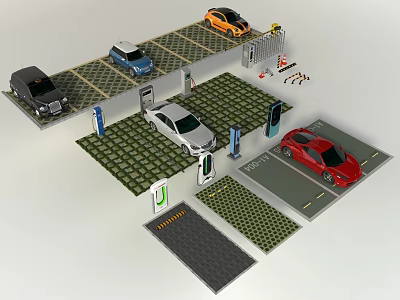 Well Designed Parking Lot With Multiple Colored Cars Charging Stations And Marked Spaces 3d model