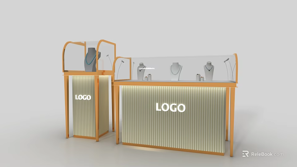 Wooden Jewelry Display Cabinets With Glass Showcase Striped Design And Brand Logo Displaying Necklaces Earrings 3d model 