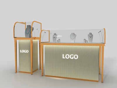 Wooden Jewelry Display Cabinets With Glass Showcase Striped Design And Brand Logo Displaying Necklaces Earrings 3d model