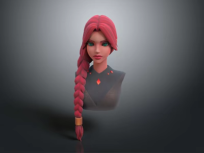 3D Character Model With Long Red Braided Hair Green Eyes And Red Gemstone 3d model