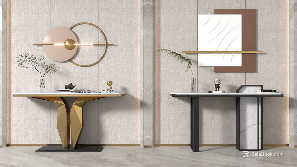 Modern Console Table Design With Golden Geometric Base Marble Top And Decorative Elements 3d model 
