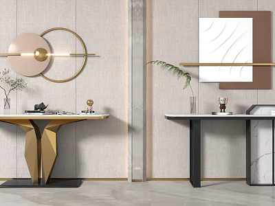 Modern Console Table Design With Golden Geometric Base Marble Top And Decorative Elements 3d model