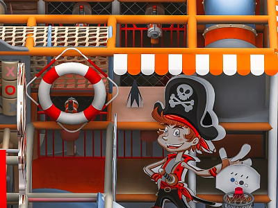 Pirate Themed Children's Playground Equipment Featuring Cartoon Characters Lifebuoy And Ship Railings 3d model
