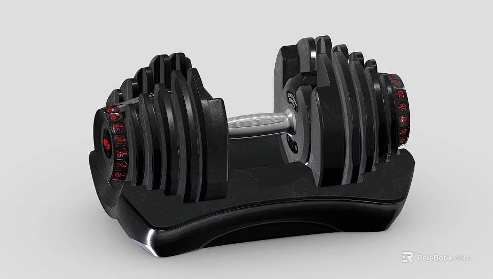 Adjustable Fitness Dumbbell With Black Weight Plates Red Number Markers And Base Stand 3d model 