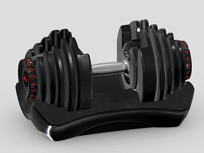 Adjustable Fitness Dumbbell With Black Weight Plates Red Number Markers And Base Stand 3d model