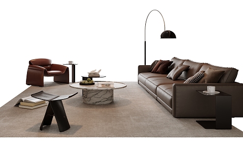 Modern Italian Sofa Coffee Table Combination Leather Sofa Single Sofa Floor Lamp Decoration Stool Side Table 3d model